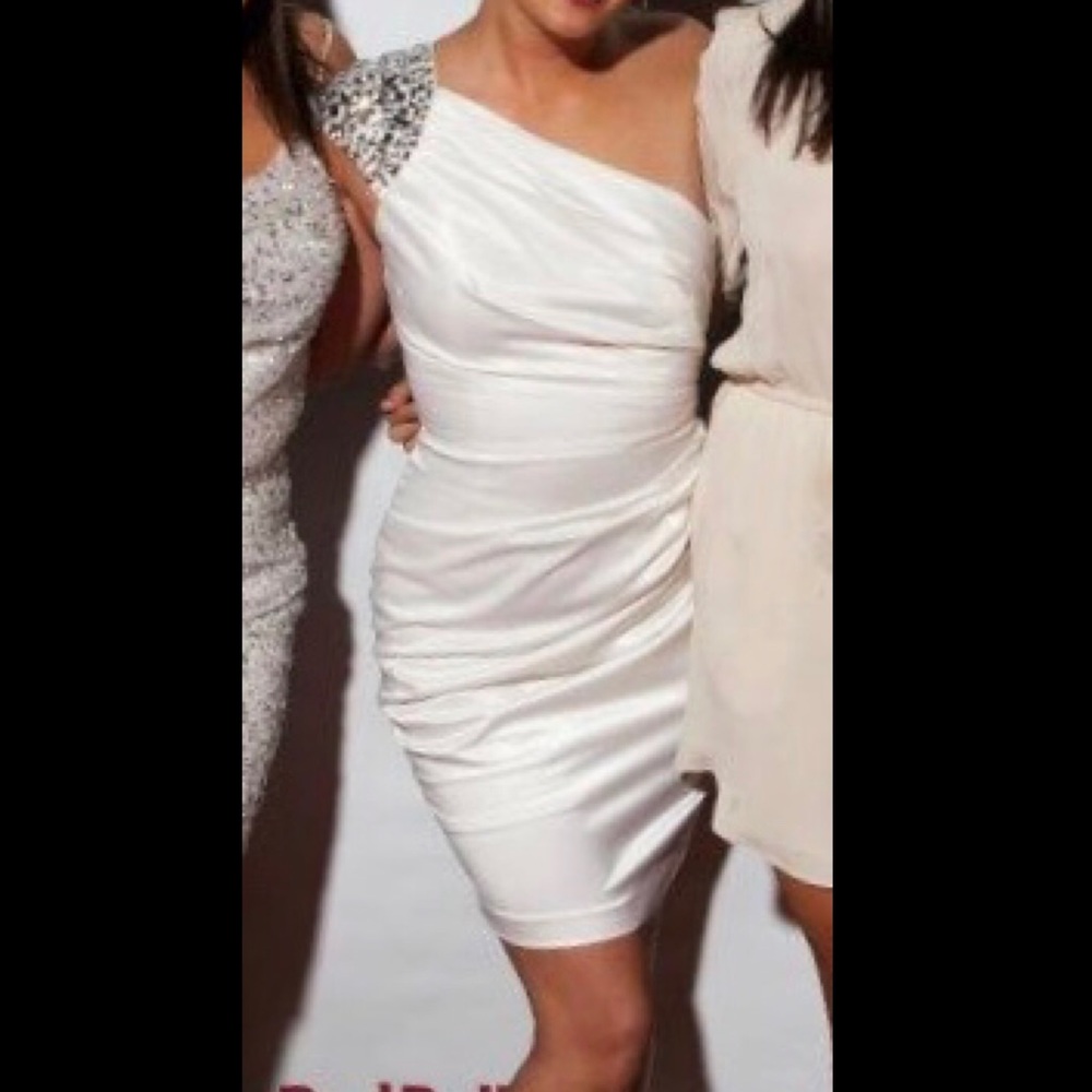 White cocktail dress with embellished shoulder